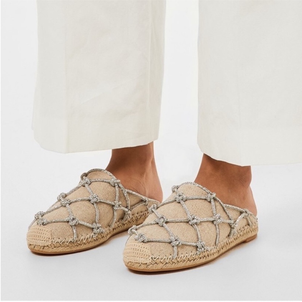New VALENTINO GARAVANI Crystal-embellished linen espadrille mules $1,150 35